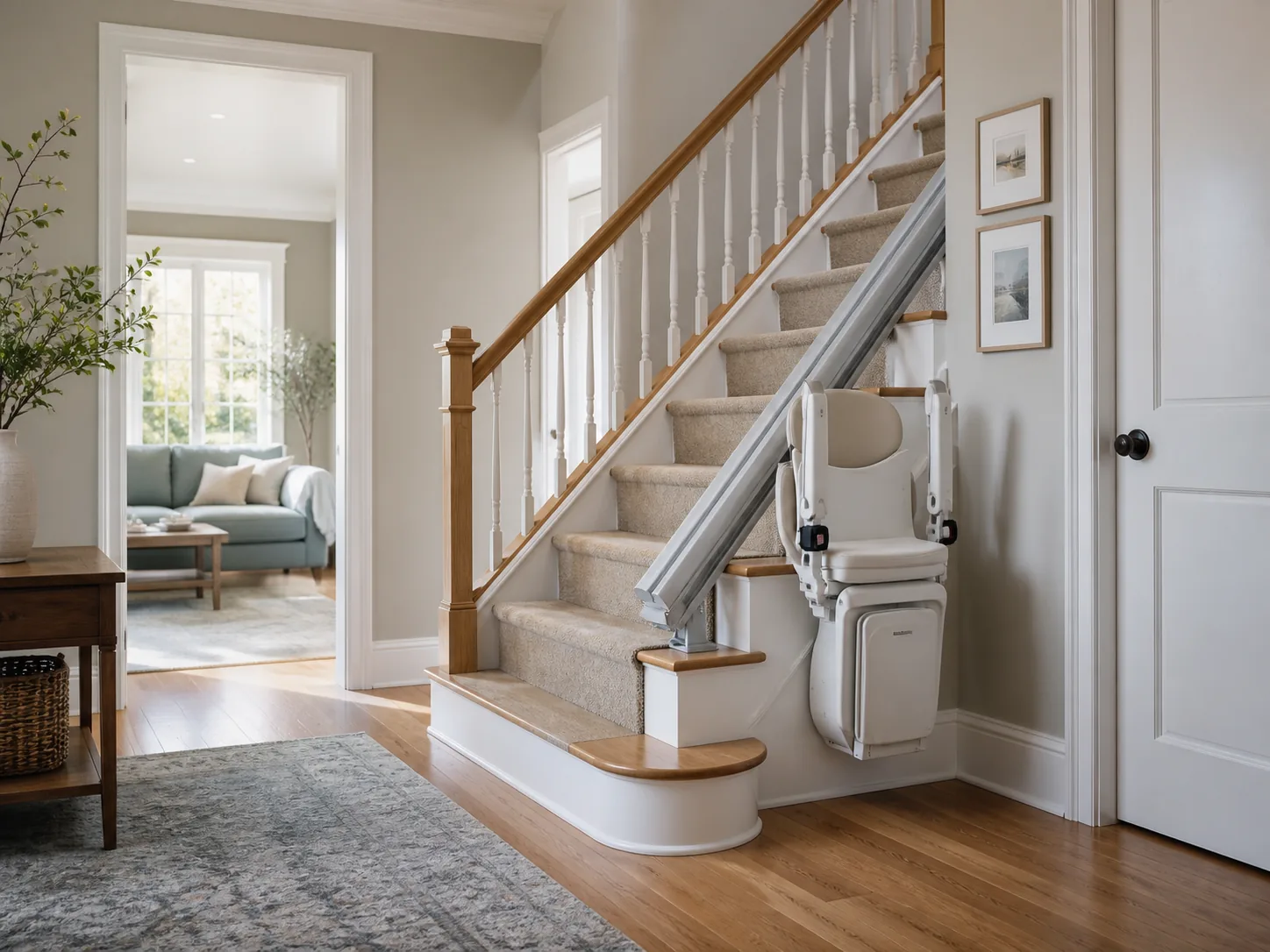 Illustrative stairlift in a home; actual equipment and fit vary