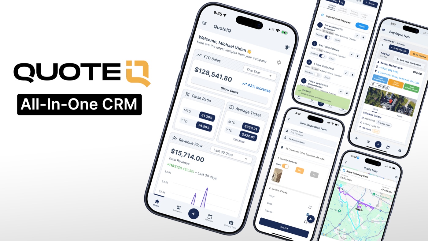 QuoteIQ’s published product visual: mobile app screens for dashboard, scheduling, employee hub, inspections, and route mapping